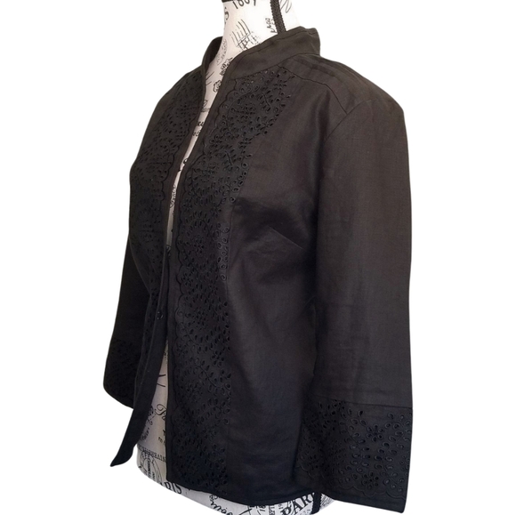 Anne Carson Black Linen Jacket With Mandarin Collar - Picture 6 of 7